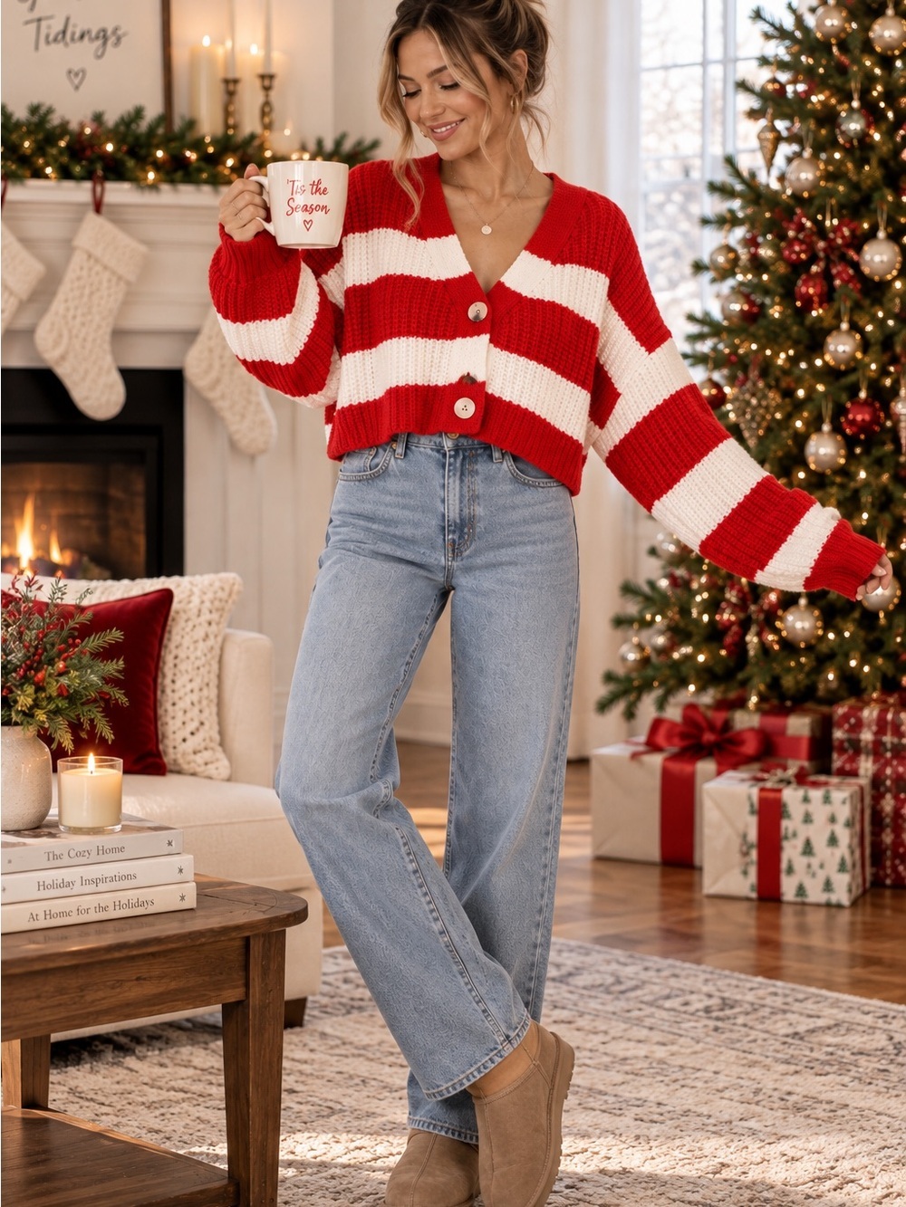 Butter Melon Red White Striped Chunky Knit Cardigan Sweater Size M